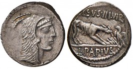 Papia - L. Papius Celsus - Denario (45 a.C.) Testa di Giunone Sospita a d. - R/ Una lupa ed un’aquila. - B. 2; Cr. 472/1 AG (g 3,67) Bella patina

S...