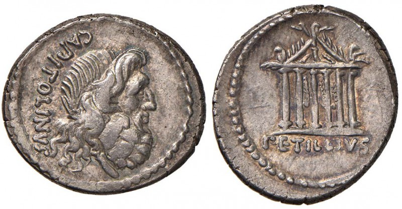 Petillia - Petillius Capitolinus - Denario (43 a.C.) Testa di Giove a d. - R/ Te...