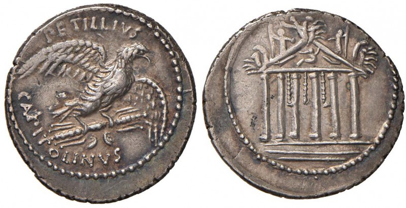 Petillia - Petillius Capitolinus - Denario (43 a.C.) Tempio a sei colonne - R/ A...