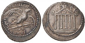 Petillia - Petillius Capitolinus - Denario (43 a.C.) Tempio a sei colonne - R/ Aquila ad ali spiegate - B. 2; Cr. 487/2a AG (g 4,00) R Patina iridesce...