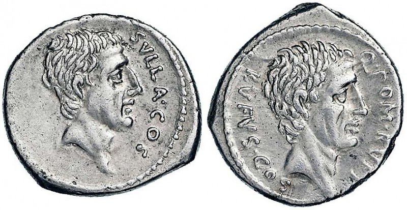 Pompeia - Q. Pompeius Rufus (54 a.C.) Denario - Testa di Silla a d. - R/ Testa d...
