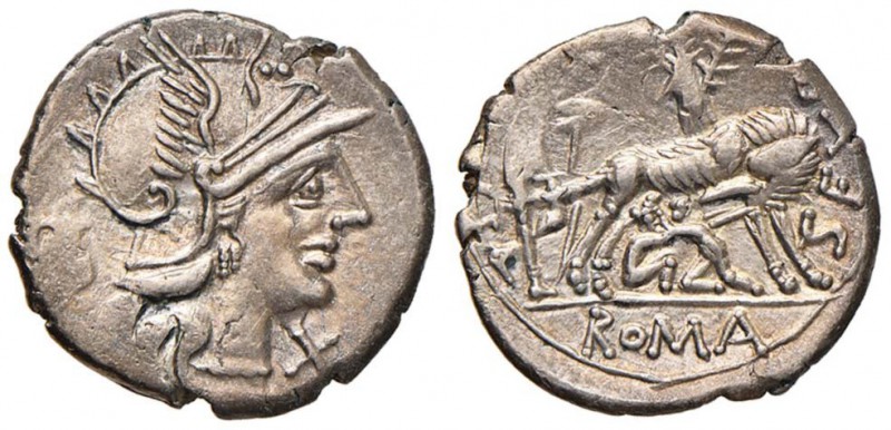 Pompeia - Sex. Pompeius Fostlus - Denario (137 a.C.) Testa di Roma a d. - R/ La ...
