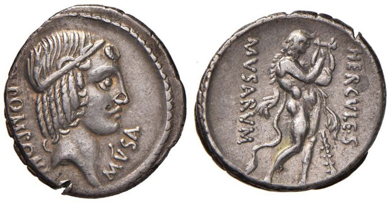 Pomponia - Q. Pomponius Musa (66 a.C.) Denario - Testa di Apollo a d. - R/ Ercol...