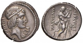 Pomponia - Q. Pomponius Musa (66 a.C.) Denario - Testa di Apollo a d. - R/ Ercole Musagete stante a d. - B. 8; Cr. 410/1 AG (g 3,73) RR Colpo sul naso...
