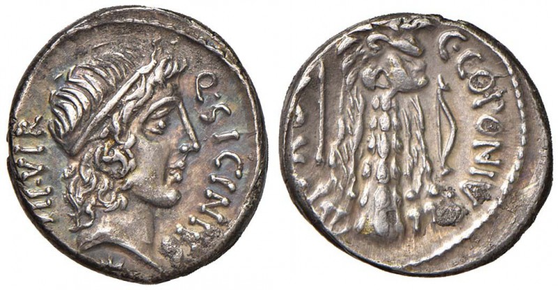 Sicinia - Q. Sicinius e C. Coponius - Denario (49 a.C.) Testa di Apollo a d. - R...