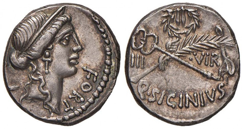 Sicinia - Q. Sicinius - Denario (49 a.C.) Testa della Fortuna a d. - R/ Caduceo ...
