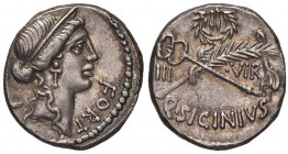 Sicinia - Q. Sicinius - Denario (49 a.C.) Testa della Fortuna a d. - R/ Caduceo e ramo di palma decussati - B. 5; Cr. 440/1 AG (g 4,00) Decentrato ma ...