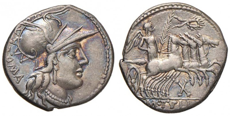 Tullia - M. Tullius - Denario (120 a.C.) Testa di Roma a d. - R/ La Vittoria su ...