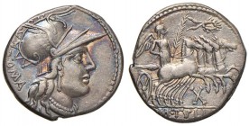 Tullia - M. Tullius - Denario (120 a.C.) Testa di Roma a d. - R/ La Vittoria su quadriga a d. - B. 1; Cr. 280/1 AG (g 3,86) Bella patina iridescente, ...