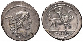 Valeria - L. Valerius Acisculus - Denario (45 a.C.) Testa di Apollo Sorano a d. - R/ Valeria Luperca su giovenca a d. - B. 17; Cr. 474/1a AG (g 3,63)...