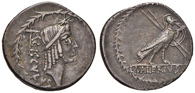 Valeria - L. Valerius Acisculus - Denario (45 a.C.) Testa di Apollo Sorano a d. ...