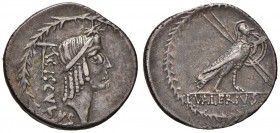 Valeria - L. Valerius Acisculus - Denario (45 a.C.) Testa di Apollo Sorano a d. - R/ Civetta dalla testa umana con scudo e lancia andante a d. - B. 13...