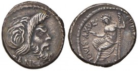Vibia - C. Vibius C. n. Pansa Caetronianus - Denario (48 a.C.) Maschera di Pan a d. - R/ Giove Axur seduto a s. - B. 18; Cr. 449/1a AG (g 4,05) Graffi...
