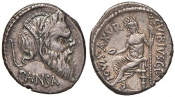 Vibia - C. Vibius C. n. Pansa Caetronianus - Denario (48 a.C.) Maschera di Pan a d. - R/ Giove Axur seduto a s. - B. 18; Cr. 449/1a AG (g 4,00)

SPL