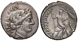 Vibia - C. Vibius C. n. Pansa Caetronianus - Denario (48 a.C.) Testa laureata della Libertà a d. - R/ Roma seduta a d. incoronata dalla Vittoria in vo...