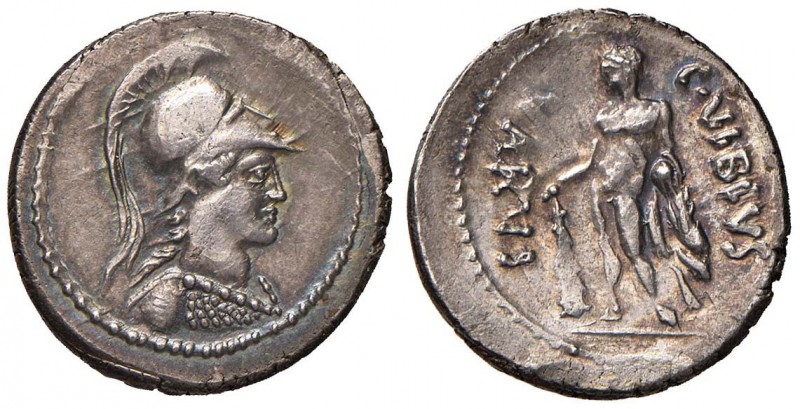 C. Vibius Varus - Denario (42 a.C.) Busto elmato di Minerva a d. - R/ Ercole sta...