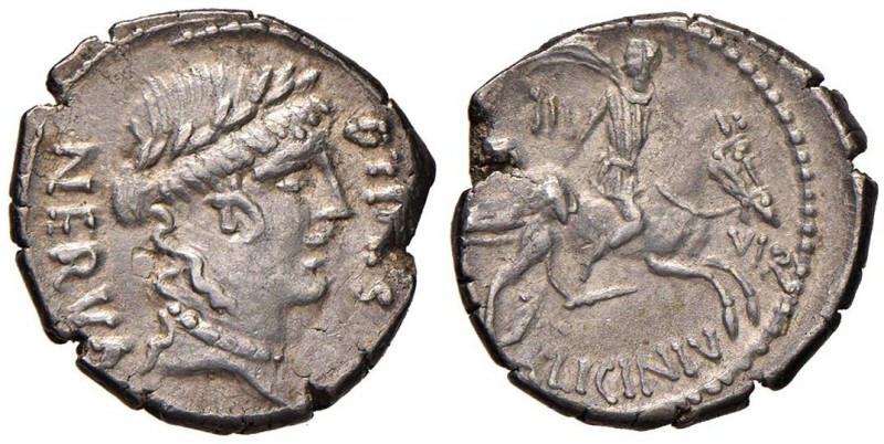 A. Licinius Nerva - Denario (47 a.C.) Busto laureato della Fedeltà a d. - R/ Cav...