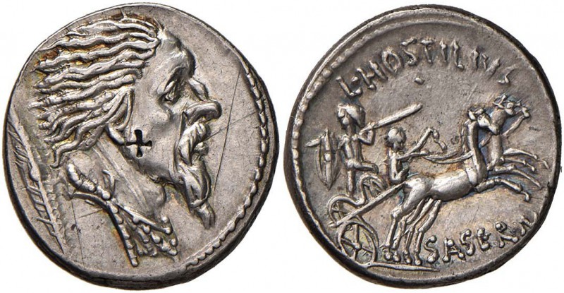 L. Hostilius Saserna - Denario (48 a.C.) Testa di guerriero gallico a d. - R/ Gu...