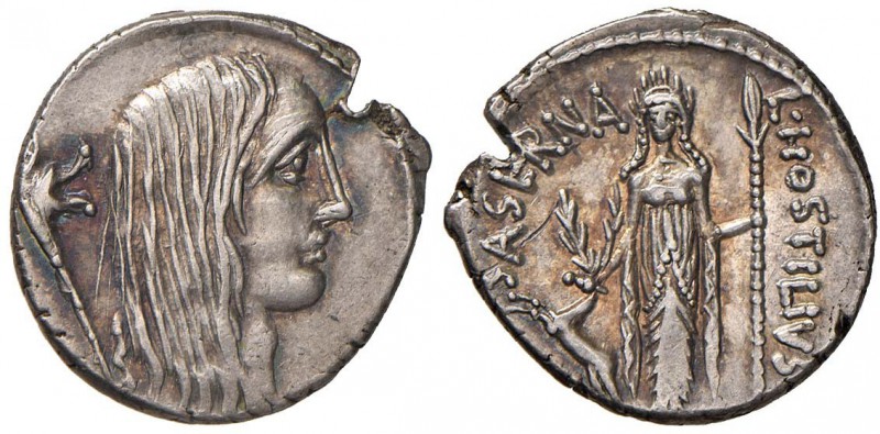 L. Hostilius Saserna - Denario (48 a.C.) Testa della Gallia a d. - R/ Diana efes...