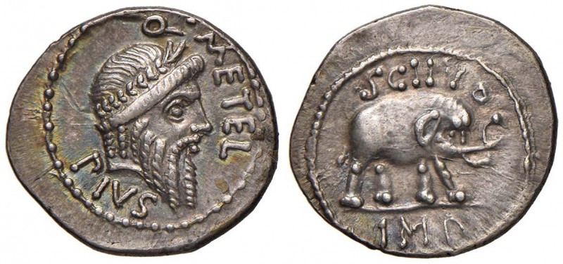 Q. Caecilius Metellus Pius Scipio - Denario (47-46 a.C., zecca itinerante con Sc...