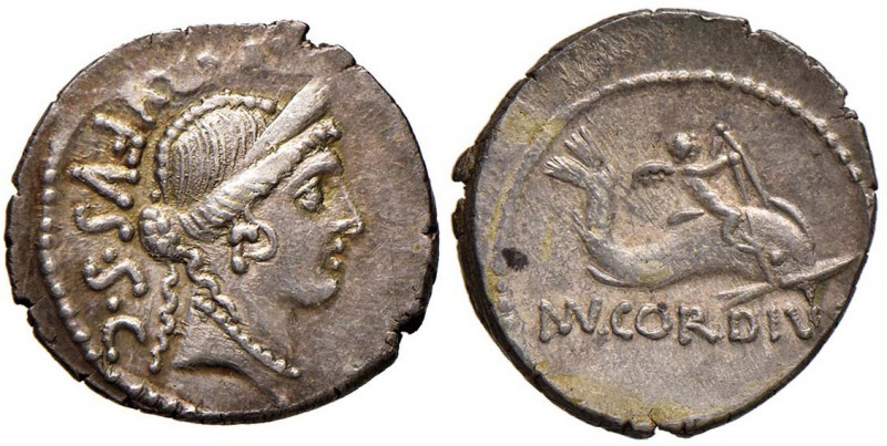 Mn. Cordius Rufus - Denario (46 a.C.) Testa di Venere a d. - R/ Cupido su delfin...