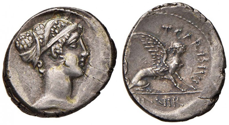 T. Carisius - Denario (46 a.C.) Testa della Sibilla a d. - R/ Sfinge stante a d....