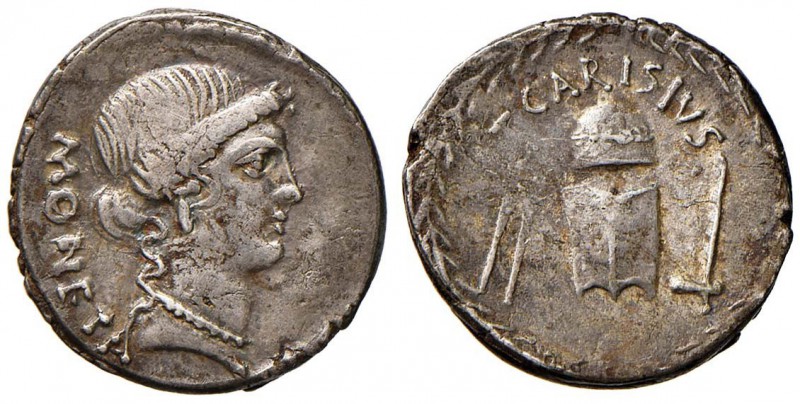 T. Carisius - Denario (46 a.C.) Testa di Giunone Moneta a d. - R/ Strumenti per ...