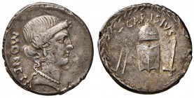 T. Carisius - Denario (46 a.C.) Testa di Giunone Moneta a d. - R/ Strumenti per battere moneta in corona d’alloro - Cr. 464/2 AG (g 3,87) Esemplare ce...