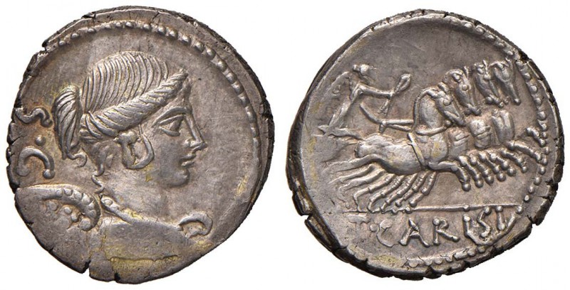 T. Carisius - Denario (46 a.C.) Busto della Vittoria a d. - R/ La Vittoria su qu...