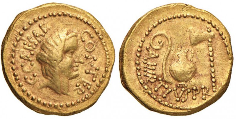 Giulio Cesare - Aureo (inizi del 46 a.C., A. Hirtius praetor) Busto velato di Ve...