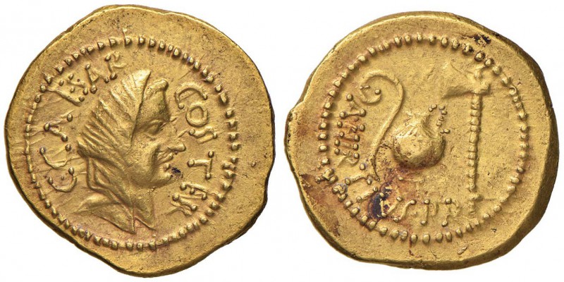 Giulio Cesare - Aureo (inizi del 46 a.C., A. Hirtius praetor) Busto velato di Ve...