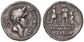 Sesto Pompeo - Denario (46-45 a.C., zecca in Spagna, M. Minatius Sabinus proquestore) Testa di Cn. Pompeo Magno a d. - R/ Soldato stante di fronte tra...