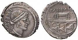 Lollius Palikanus - Denario (45 a.C.) Testa diademata della Libertà a d. - R/ Tre arcate ornate di rostri di nave - B. 2; Cr. 473/1 AG (g 3,93) Bella ...
