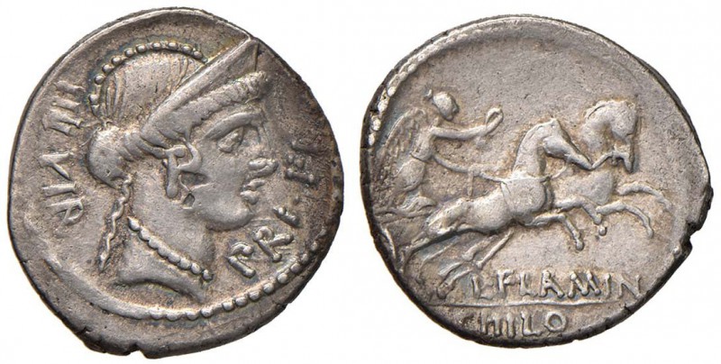 L. Flaminius Chilo - Denario (43 a.C.) Testa diademata di Venere a d. - R/ La Vi...