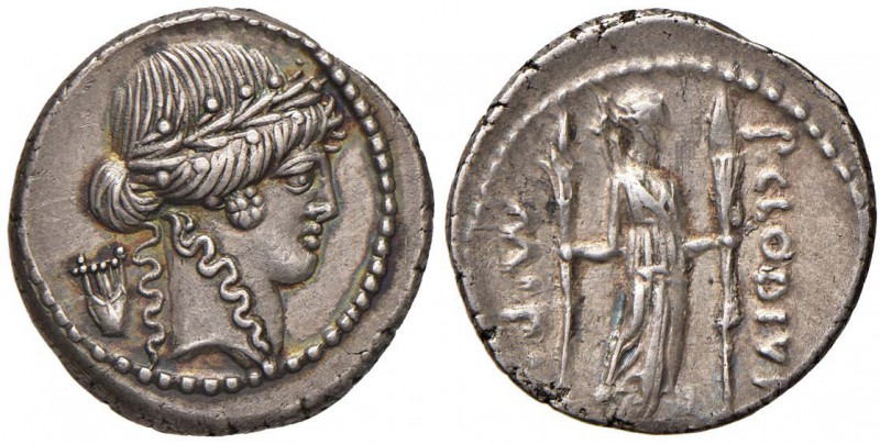 P. Clodius M. f. Turrinus - Denario (42 a.C.) Testa di Apollo a d. - R/ Diana Lu...