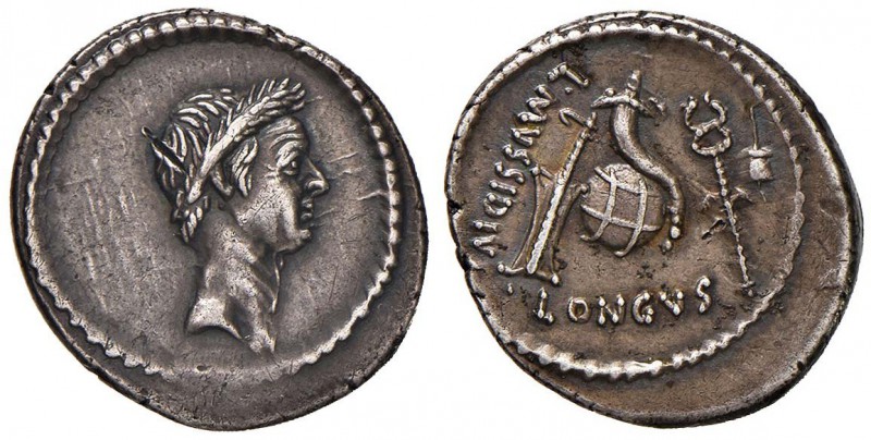 Cesare - Denario (42 a.C., con L. Mussidius Longus) Testa laureata a d. - R/ Cor...