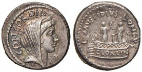 L. Mussidius Longus - Denario (42 a.C.) Testa velata della Concordia a d. - R/ Due statue su nave a d. - Cr. 494/42a AG (g 3,85) Conservazione eccezio...