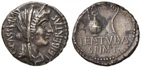 C. Cassius Longinus - Denario (42 a.C., zecca itinerante in Oriente, con P. Cornelius Lentulus Spinther) Testa velata della Libertà a d. - R/ Strument...