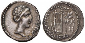 Q. Caepio Brutus - Denario (43-42 a.C., zecca itinerante in Oriente) Testa della Libertà a d. - R/ Plettro, lira e ramoscello - Cr. 501/1 AG (g 3,67) ...