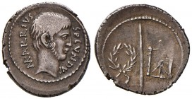 Marcus Arrius Secundus - Denario (41 a.C.) Testa maschile a d. - R/ Corona d’alloro, lancia e phalerae - Cr. 513/2 AG (g 3,82) RRR Qualche debolezza d...