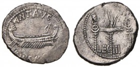Marco Antonio - Denario (32-31 a.C., zecca itinerante con Antonio in Oriente) Nave a d. - R/ LEG III, aquila legionaria tra due insegne - Cr. 544/15 A...