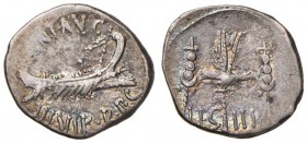 Marco Antonio - Denario (32-31 a.C., zecca itinerante con Antonio in Oriente) Nave a d. - R/ LEG III, aquila legionaria tra due insegne - Cr. 544/15 A...
