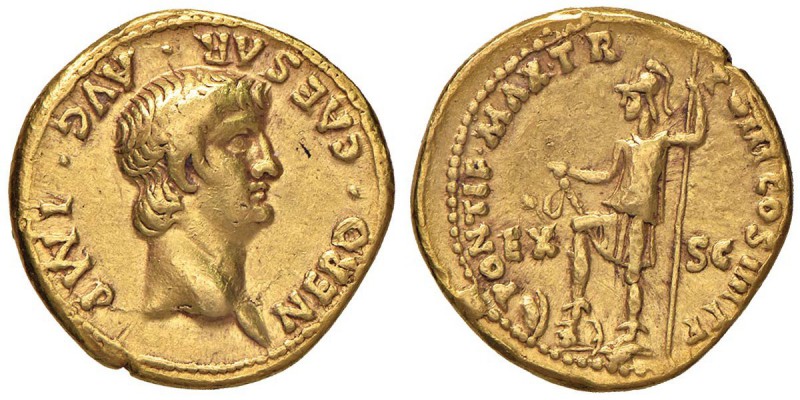 Nerone (54-68) Aureo - Testa a d. - R/ Roma stante a s. con lancia e parazonium ...