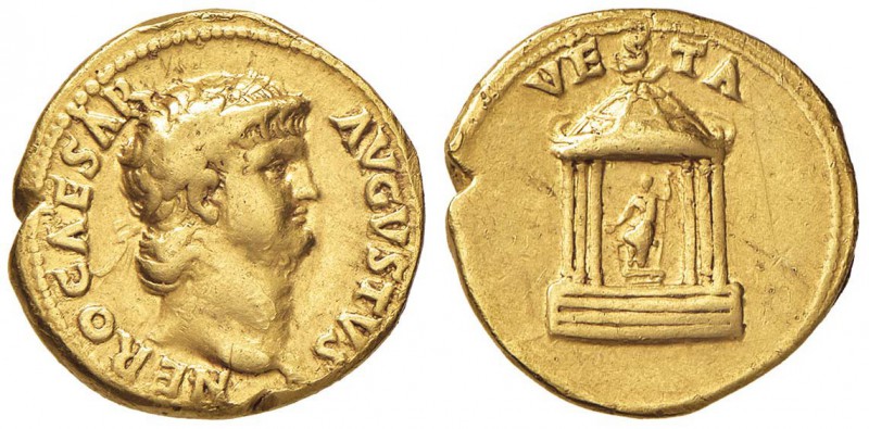 Nerone (54-68) Aureo - Testa laureata a d. - R/ VESTA, tempietto con statua al c...