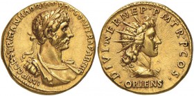 Adriano (117-138) Aureo (117) Busto laureato a d. - R/ Busto radiato del Sole a d. - RIC 16 AU (g 7,00) Schiacciature e colpetti al bordo forse da ant...