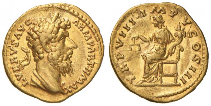 Lucio Vero (161-169) Aureo - Busto laureato a d. - R/ La Giustizia seduta a s. -...