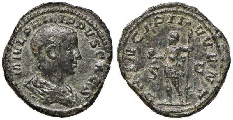 Filippo II (244-249) Sesterzio - Busto a d. - R/ Filippo stante a s. - RIC 56a A...