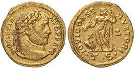 Diocleziano (284-305) Aureo (Thessalonica, 300-302) Testa laureata a d. - R/ Giove stante a s. - RIC 3 AU (g 5,34) RRR Tacca al ciglio del R/ e graffi...