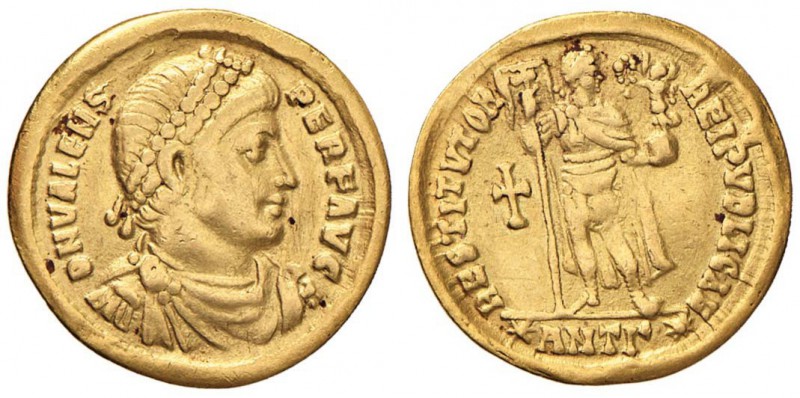Valente (364-378) Solido (Antiochia) Busto diademato a d. - R/ L’imperatore stan...