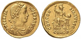Graziano (367-383) Solido (Costantinopoli, circa 367-383) Busto diademato a d. - R/ Costantinopoli seduta di fronte - RIC 46b AU (g 4,56) Da montatura...
